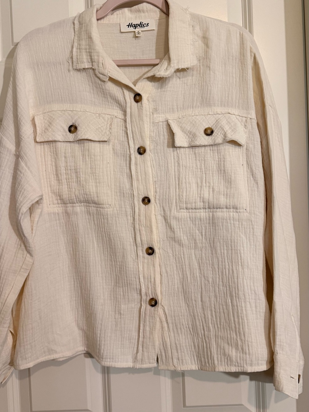 Haptics Cream Button-Up Gauze Textured Shirt